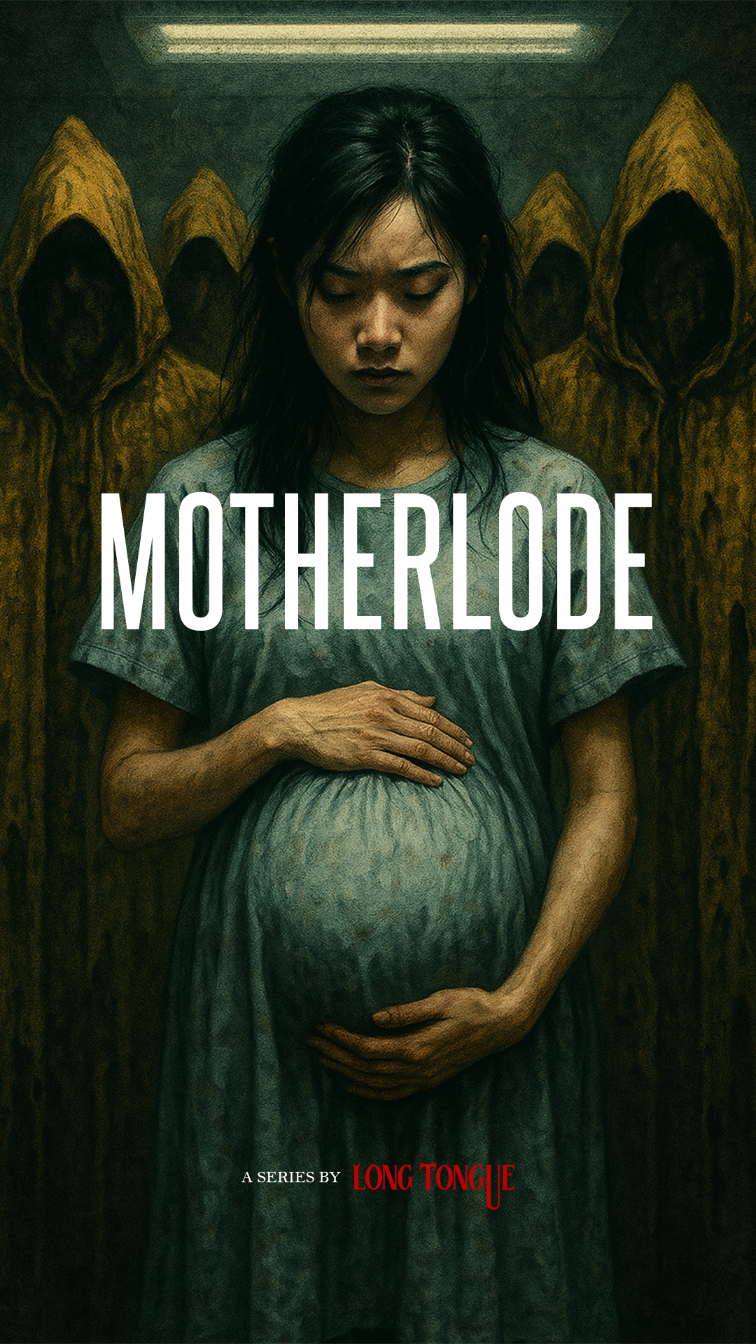 A woman with dark hair, wearing a gray shirt, is looking down with a somber expression while holding her pregnant belly. She stands in front of a dark background with five hooded figures in brown cloaks behind her. The title "Motherlode" and the text "A Series by Long Tongue" are overlaid.