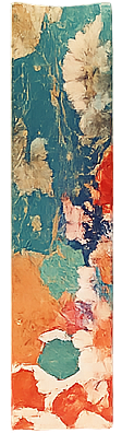 Abstract vertical painting with splashes of teal, beige, orange, pink, and white