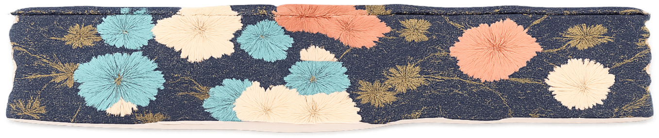 A floral patterned fabric strip with blue, white, pink, and gold flowers on a dark background.