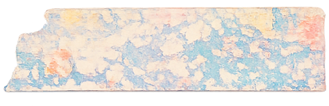 Close-up of a textured, painted surface with blue, pink, and peach colors