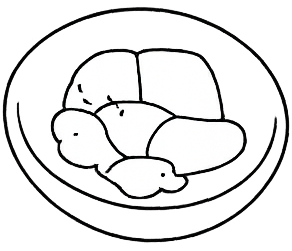 Line drawing of a plate with five pieces of sushi arranged on it.