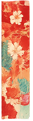 Vertical strip featuring floral patterns with large cream-colored flowers, green leaves, and pink accents on a red background, bordered with yellow.