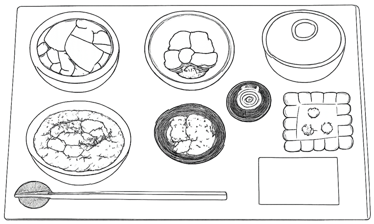An illustration of sushi ingredients and rolls on a black background, including various sliced fish, a piece of fish filet, sushi rolls with fillings, wasabi, and ginger, with a pair of chopsticks.