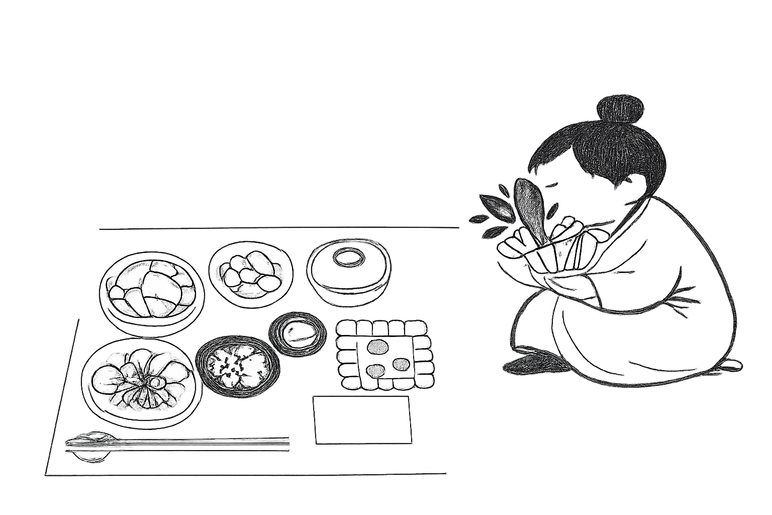A black and white sketch of a person with hair in a bun sitting cross-legged and holding a bowl of food, next to a table with various dishes, chopsticks, and a rectangular plate.