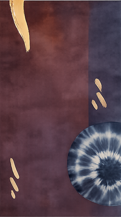 Abstract design with dark red and blue background, featuring a large blue tie-dye spiral in the bottom right and beige brushstroke accents.