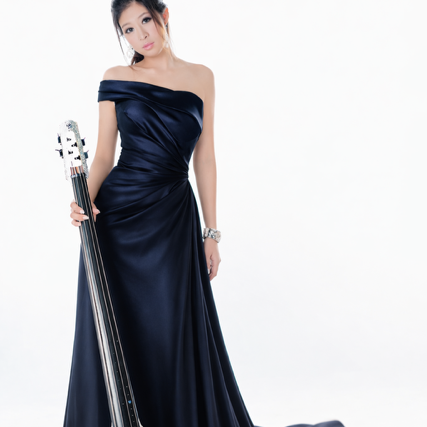 double bass performer Yesya Fang in a blue dress