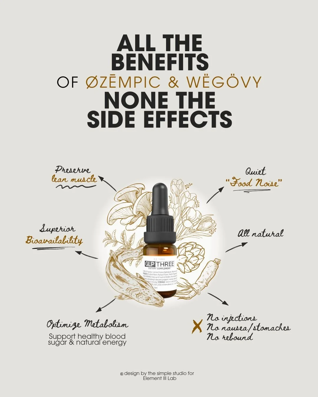 Amber dropper bottle of liquid dietary supplement drops containing natural peptides and ingredients for healthy weight management support.