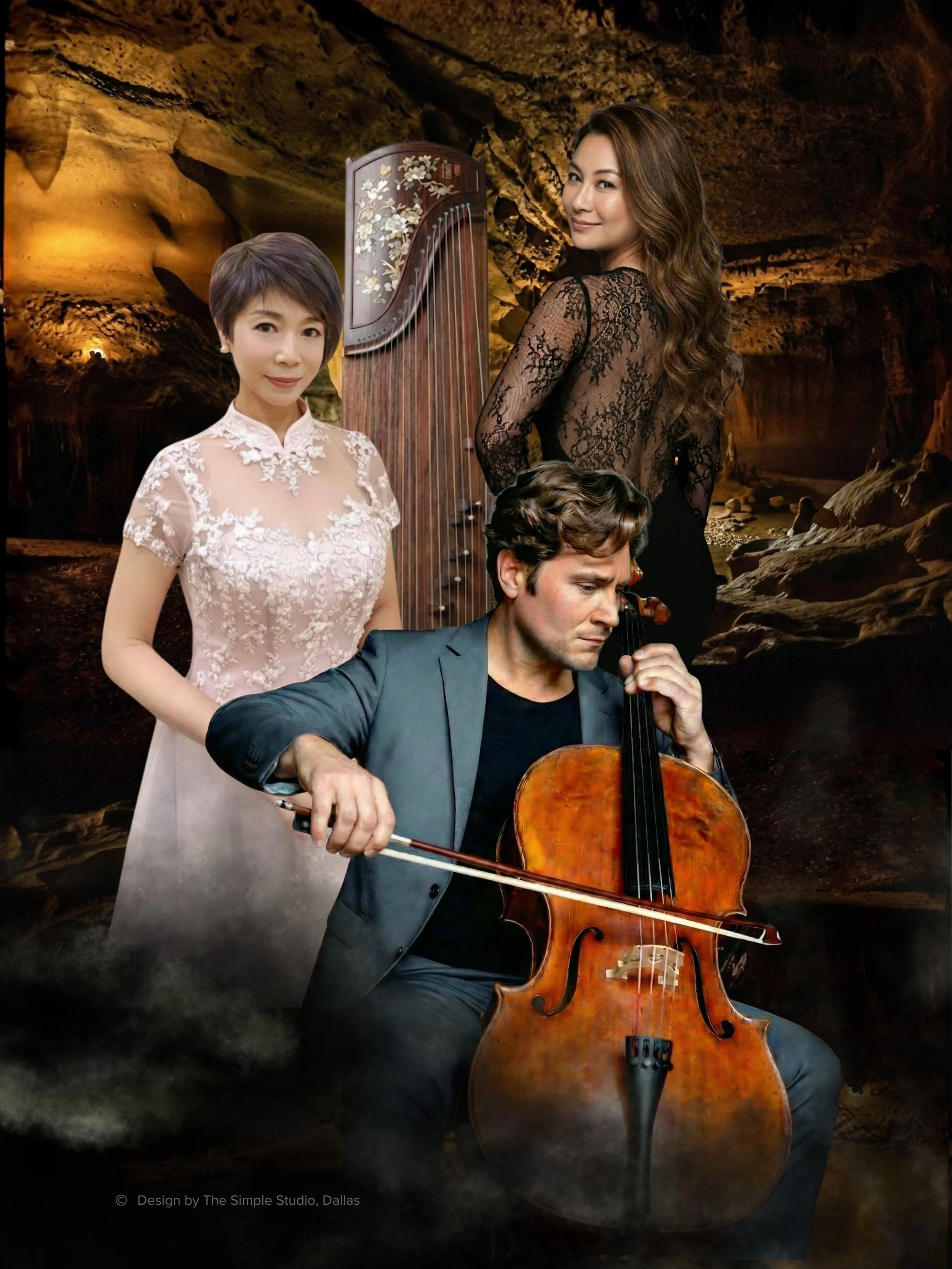 Woven Voices guzheng cello Dallas concert  with 3 musicians performing crouching tiger from top to bottom guzheng virtuso Wan Chun Shui and Uko Adams with Cellist Joseph Kuipers