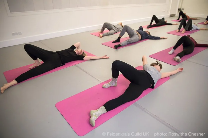 Group of people doing a stretching or yoga exercise on pink mats in a studio.