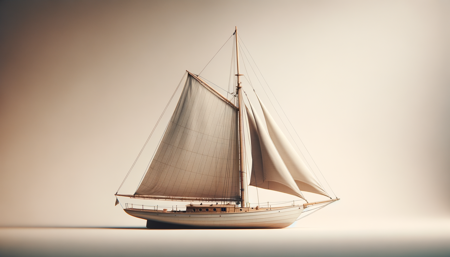 A detailed model sailboat with cream-colored sails and a wooden hull on a smooth surface with a gradient background.