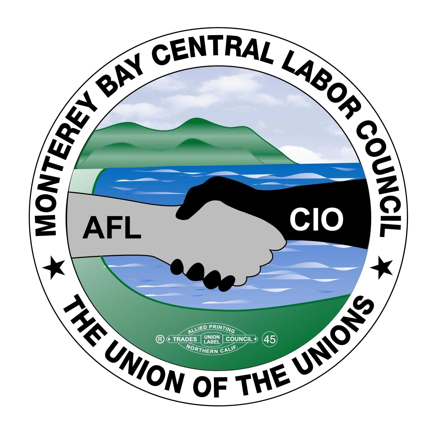 Seal of the Mountaineer Bay Central Labor Council featuring a landscape with mountains, water, and greenery, along with a handshake labeled AFL and CIO, and text around the border reading 'Mountaineer Bay Central Labor Council' and 'The Union of the Union'.