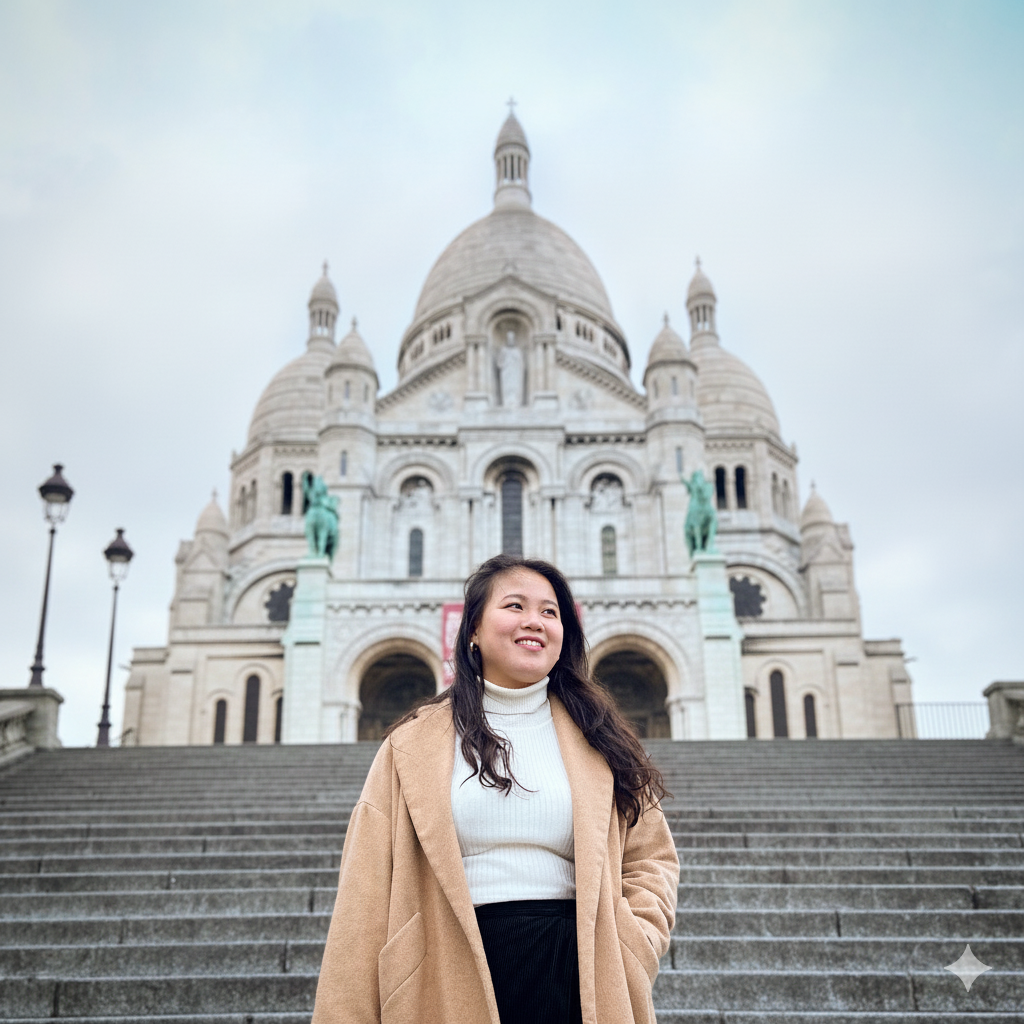 A woman standing on the stairs in front of Sacré-Cœur Basilica in Paris, France, with cloudy sky overhead.
