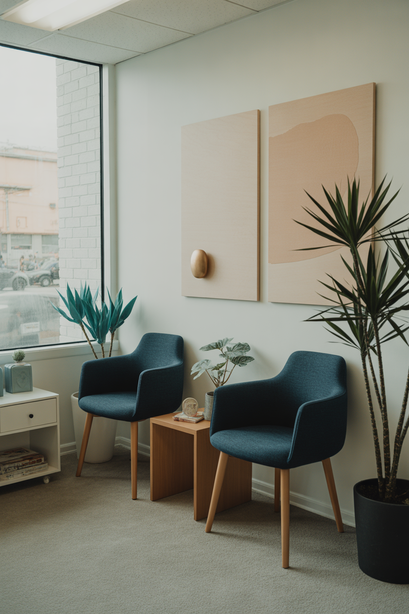 Interior of an office or waiting room with two navy blue chairs, small side table with plant, decorative items, and artwork on the wall, large window showing exterior buildings and parked cars.