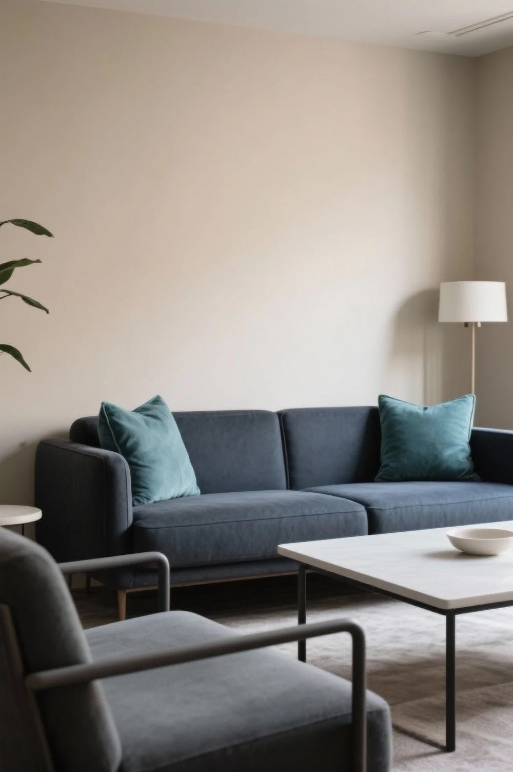 Living room with a dark blue sofa, green pillows, a white coffee table, a beige area rug, a floor lamp, a side table, and a plant in the corner.