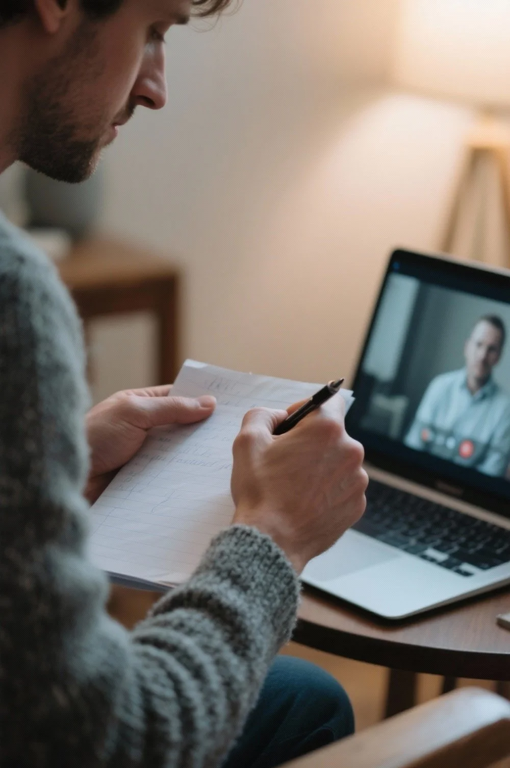 A man taking notes with a pen while engaged in a video call on a laptop.