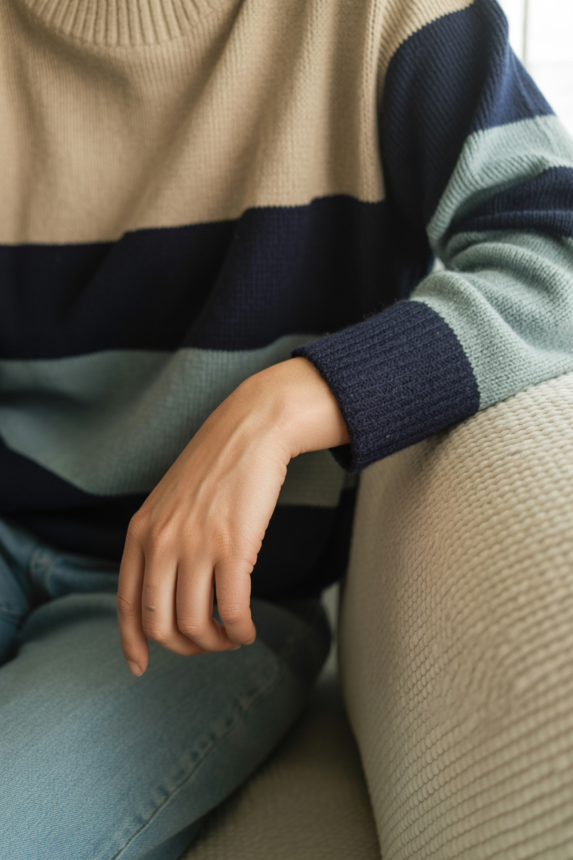 Close-up of a person's hand resting on a textured beige surface, with wearing a striped sweater in beige, navy, and light green, and jeans.