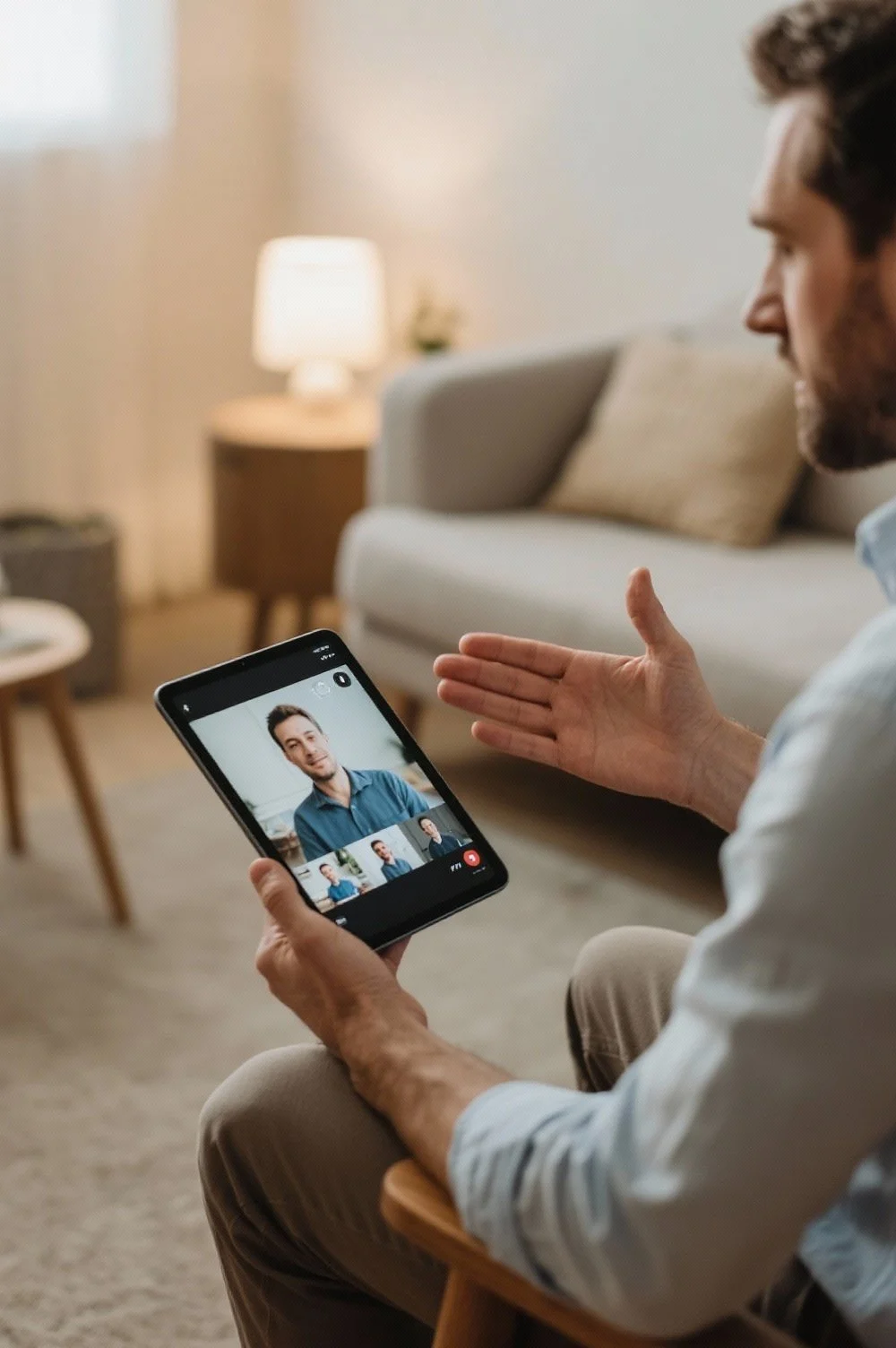 A man sitting in a living room holding a smartphone with a video call on screen, showing his face and body, as he gestures while talking.