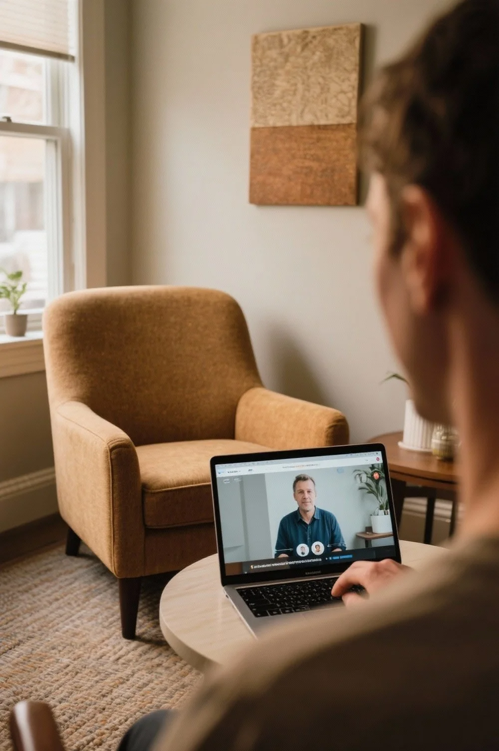 Man participating in a video call using a laptop in a cozy living room with beige armchair, window, potted plant, and wall art.