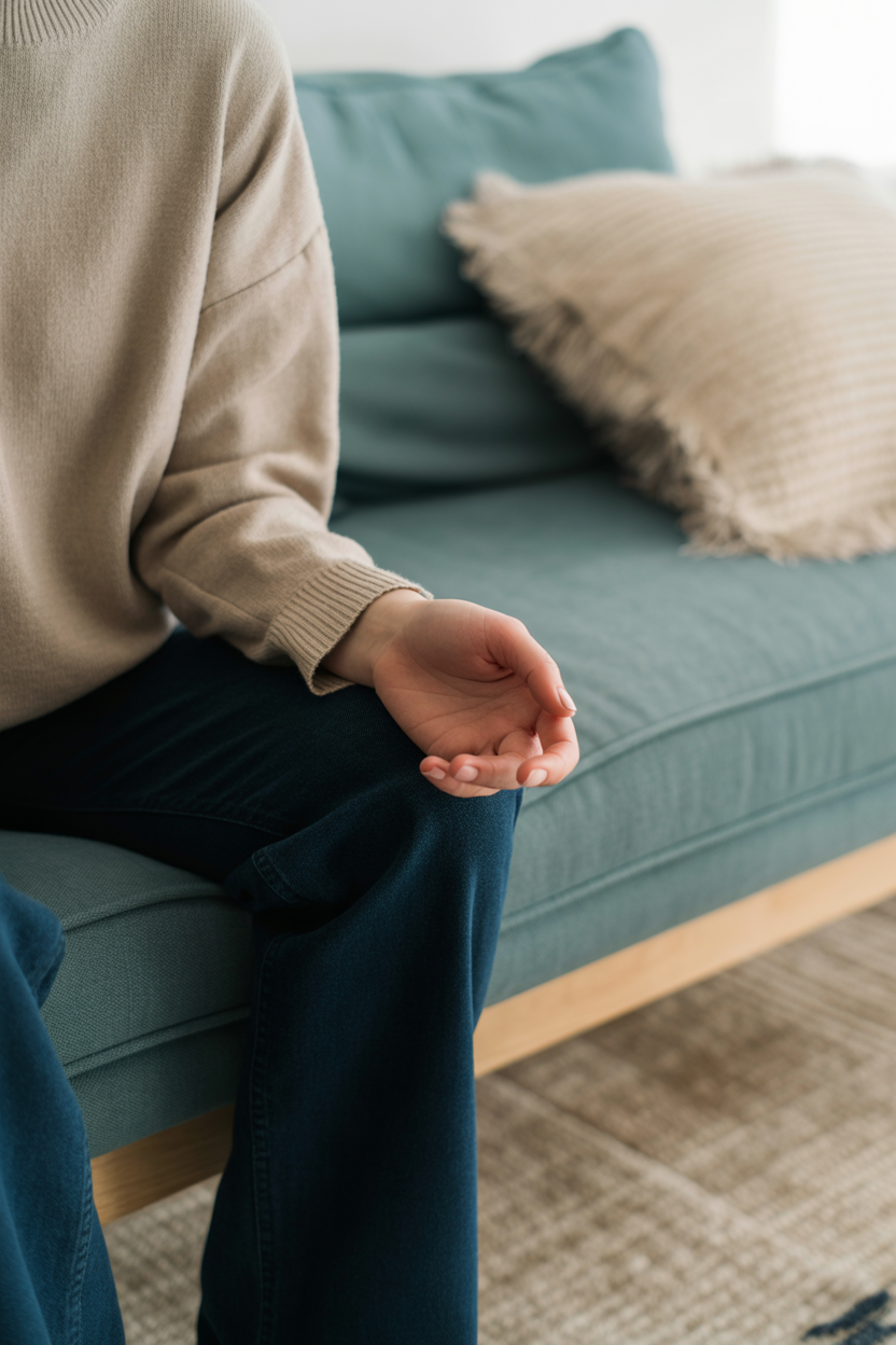 Person sitting on a teal couch with a beige sweater and dark jeans, hand resting on knee, beige pillow on the couch.
