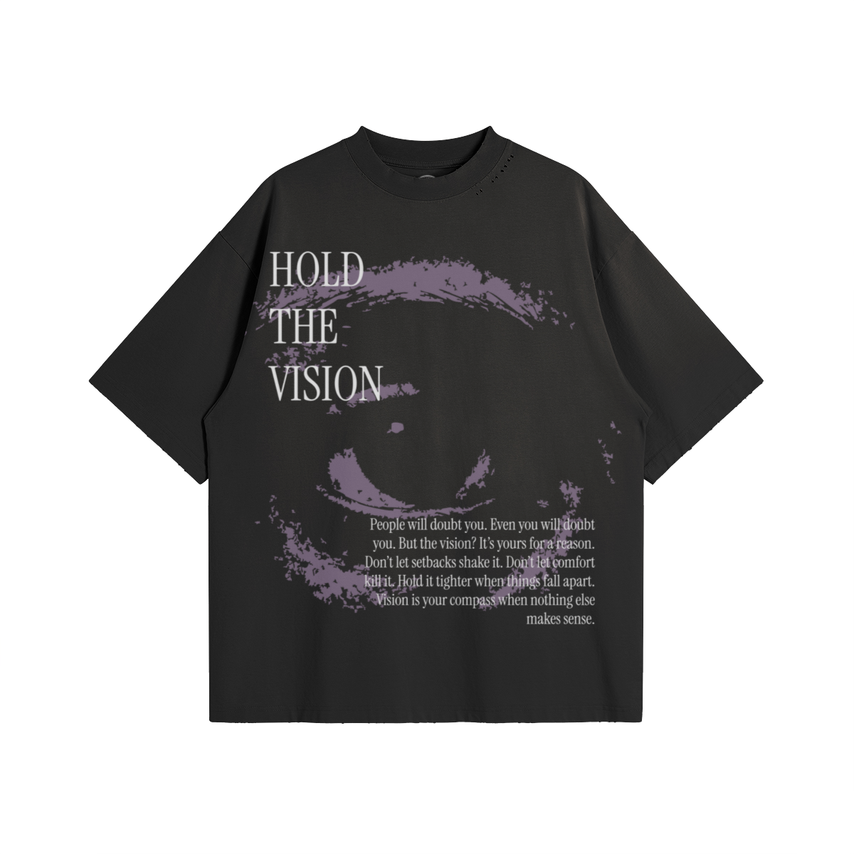 Black T-shirt with purple face graphic and white text that reads 'HOLD THE VISION'. Additional smaller text is also visible underneath.