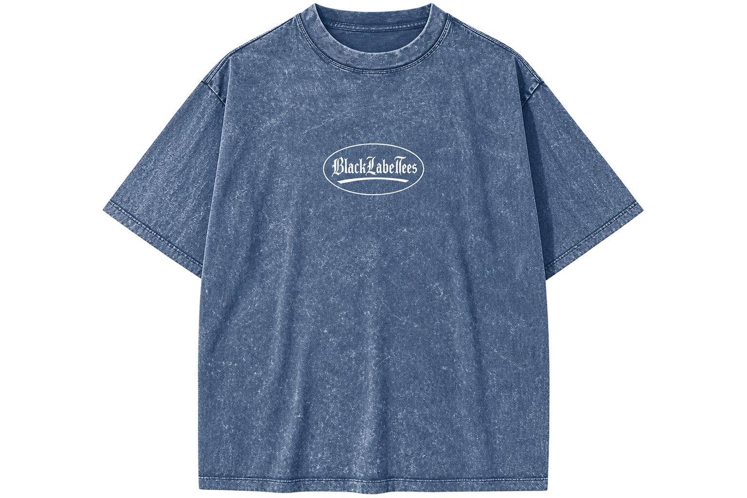 A blue, acid-washed t-shirt with the words 'Black Label Tees' inside an oval on the front.