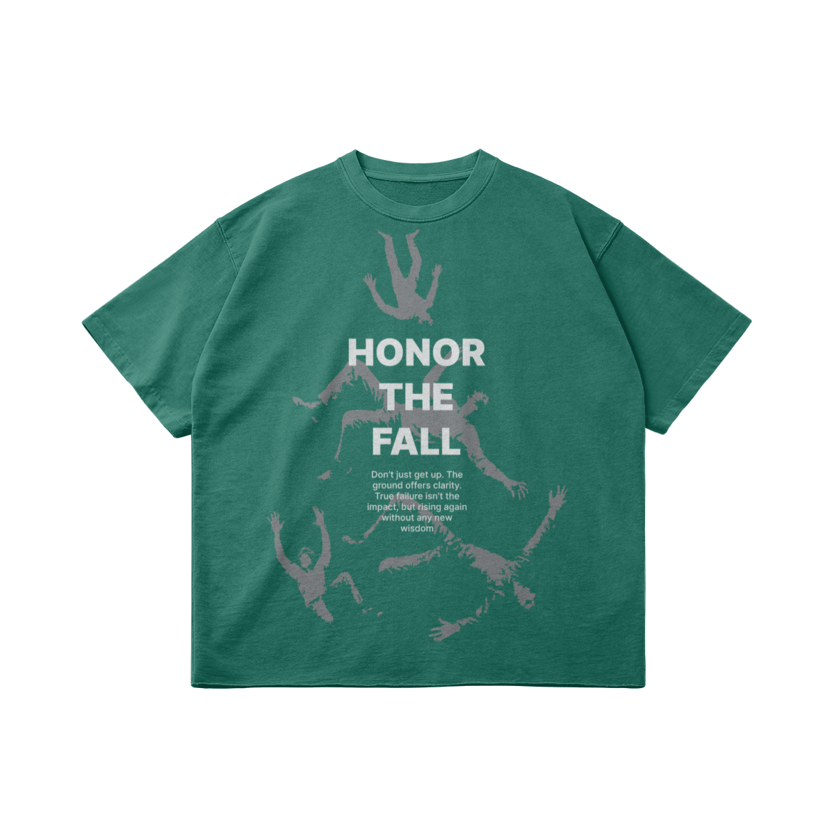Green T-shirt with gray and white text and graphic. The text says 'HONOR THE FALL' with a paragraph below. The graphic shows multiple gray silhouettes of falling and reaching human figures.