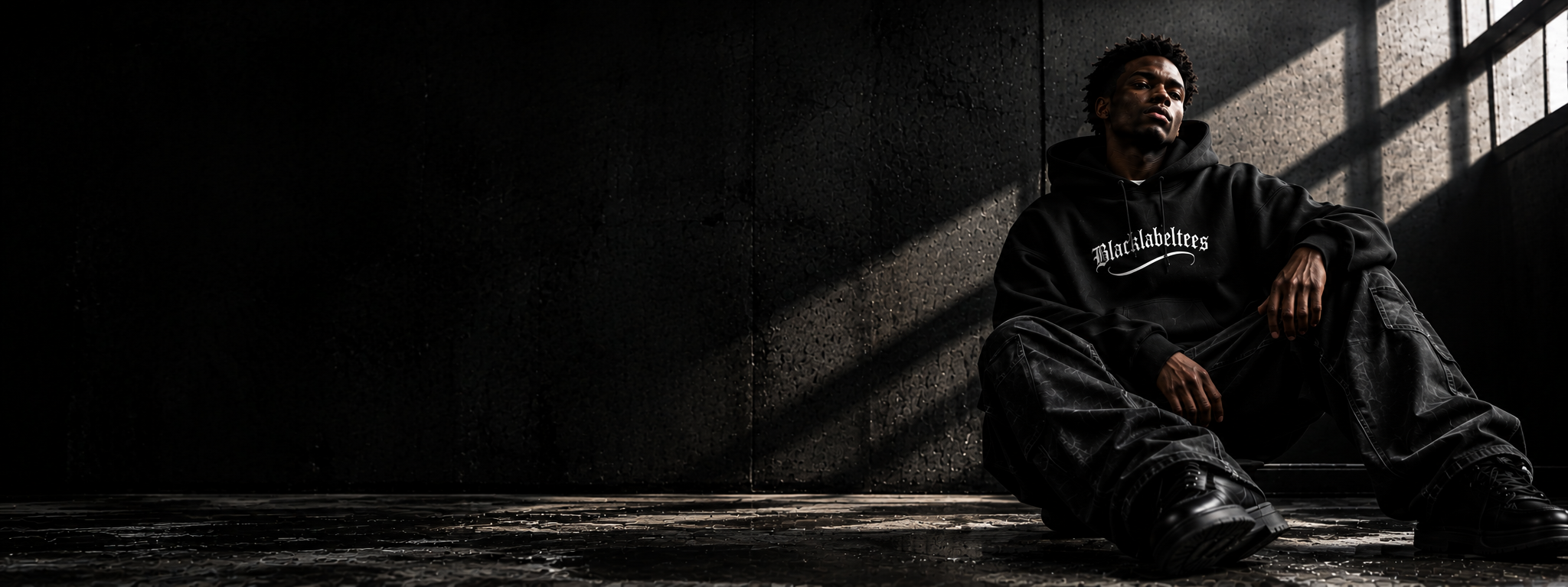 Young man sitting against a dark textured wall with dramatic light.