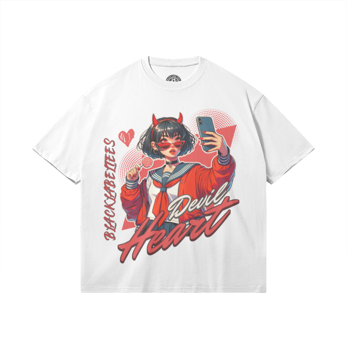 White T-shirt featuring a cartoon-style girl with devil horns, sunglasses, holding a phone, and wearing a red jacket with a sailor collar. Text on the shirt reads "Devil Heart" and