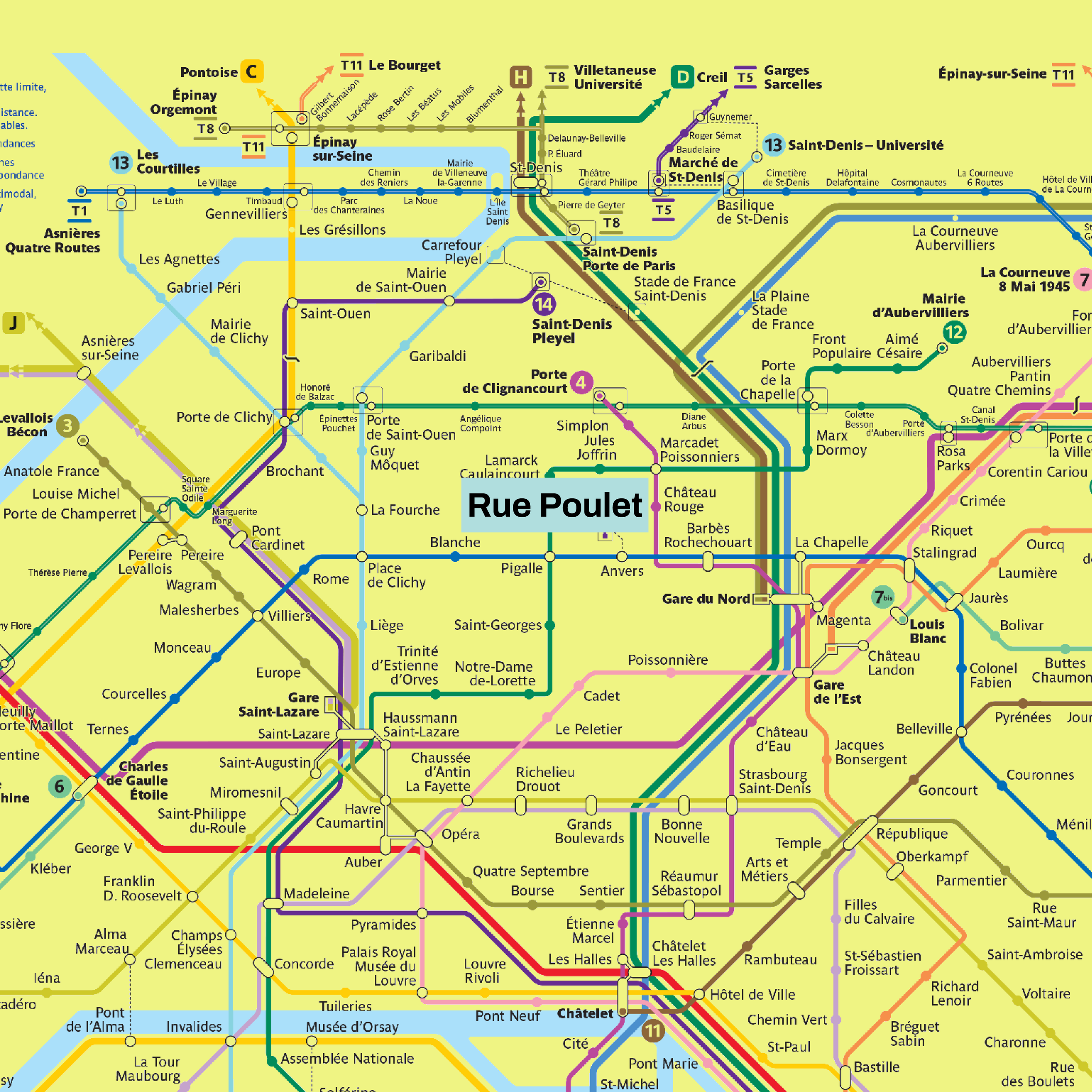 A detailed map of a Paris metro system with multiple colored lines and station names, including Rue Poulet highlighted in blue.
