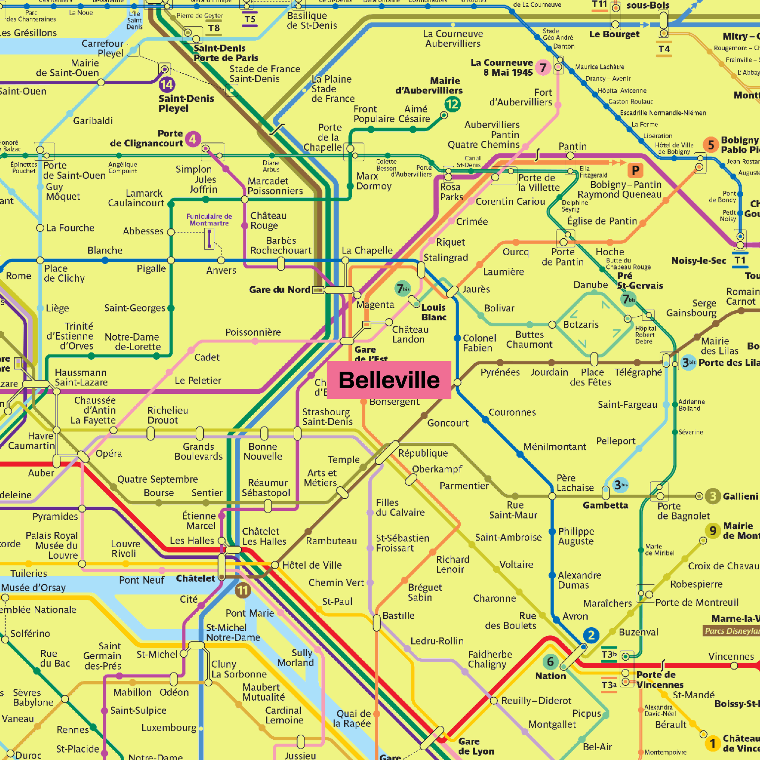 Map of the Paris metropolitan subway system with various lines and stations marked, highlighting Belleville.