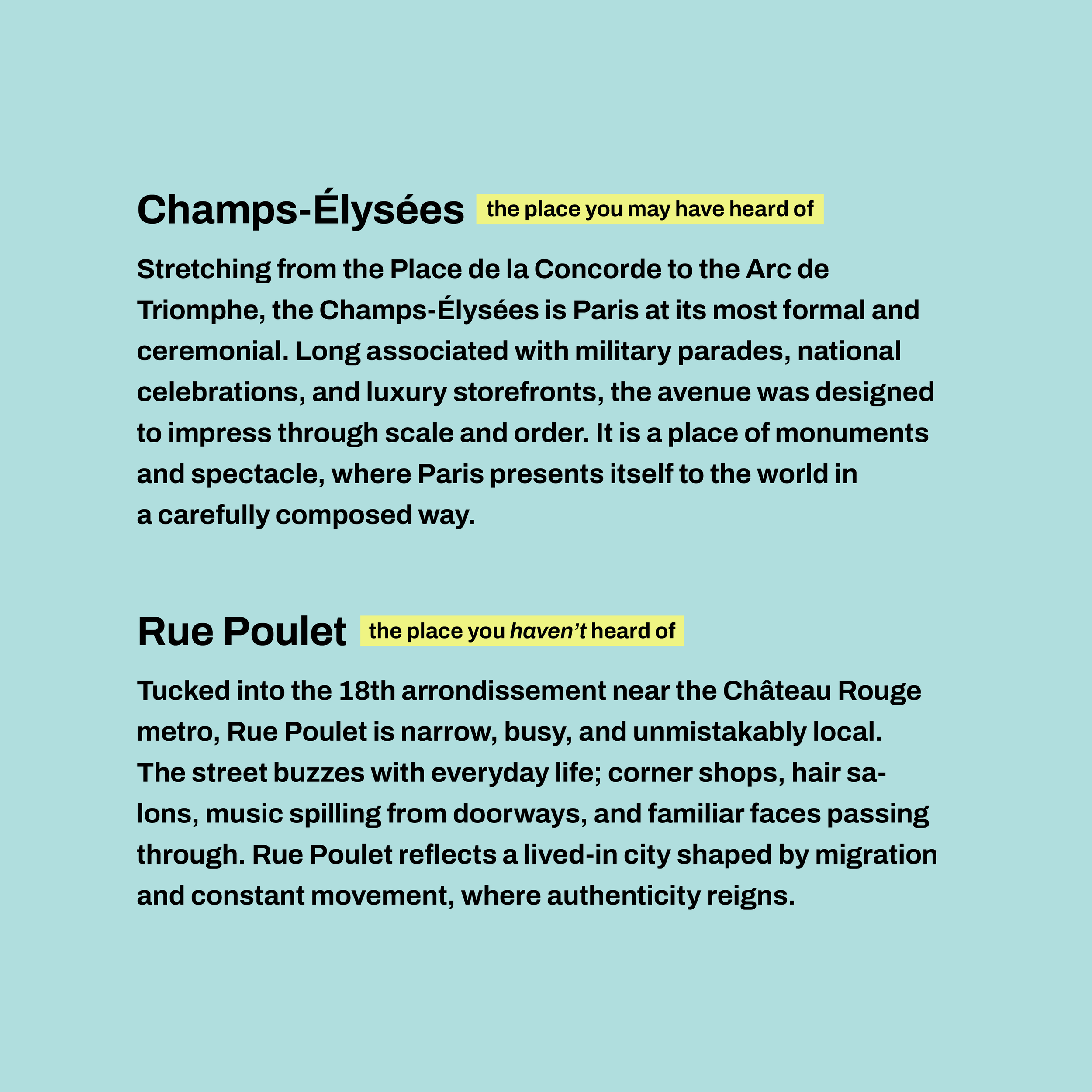 Text describing Champs-Élysées and Rue Poulet in Paris, with historical and cultural details about both locations.