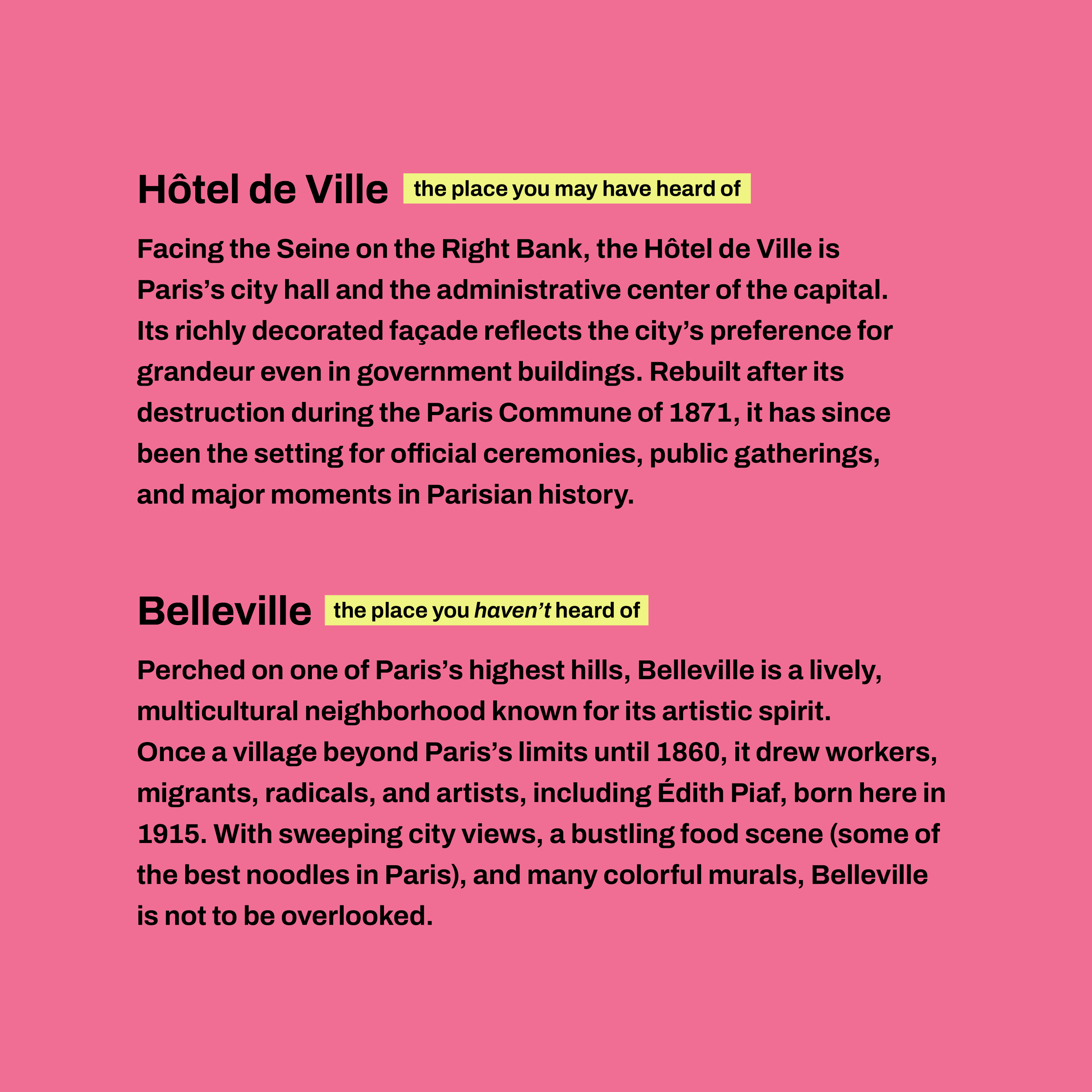 Text describing Paris landmarks: The Hôtel de Ville, 'the place you may have heard of' and Belleville, 'the place you haven't heard of.'