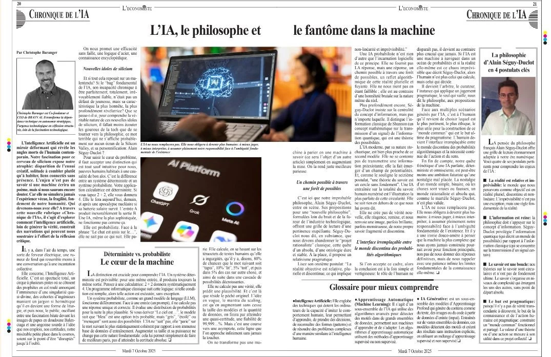 Page de journal avec une image centrale de deux personnes devant un écran d'ordinateur affichant un symbole d'intelligence artificielle, et une autre image d'une personne à droite.