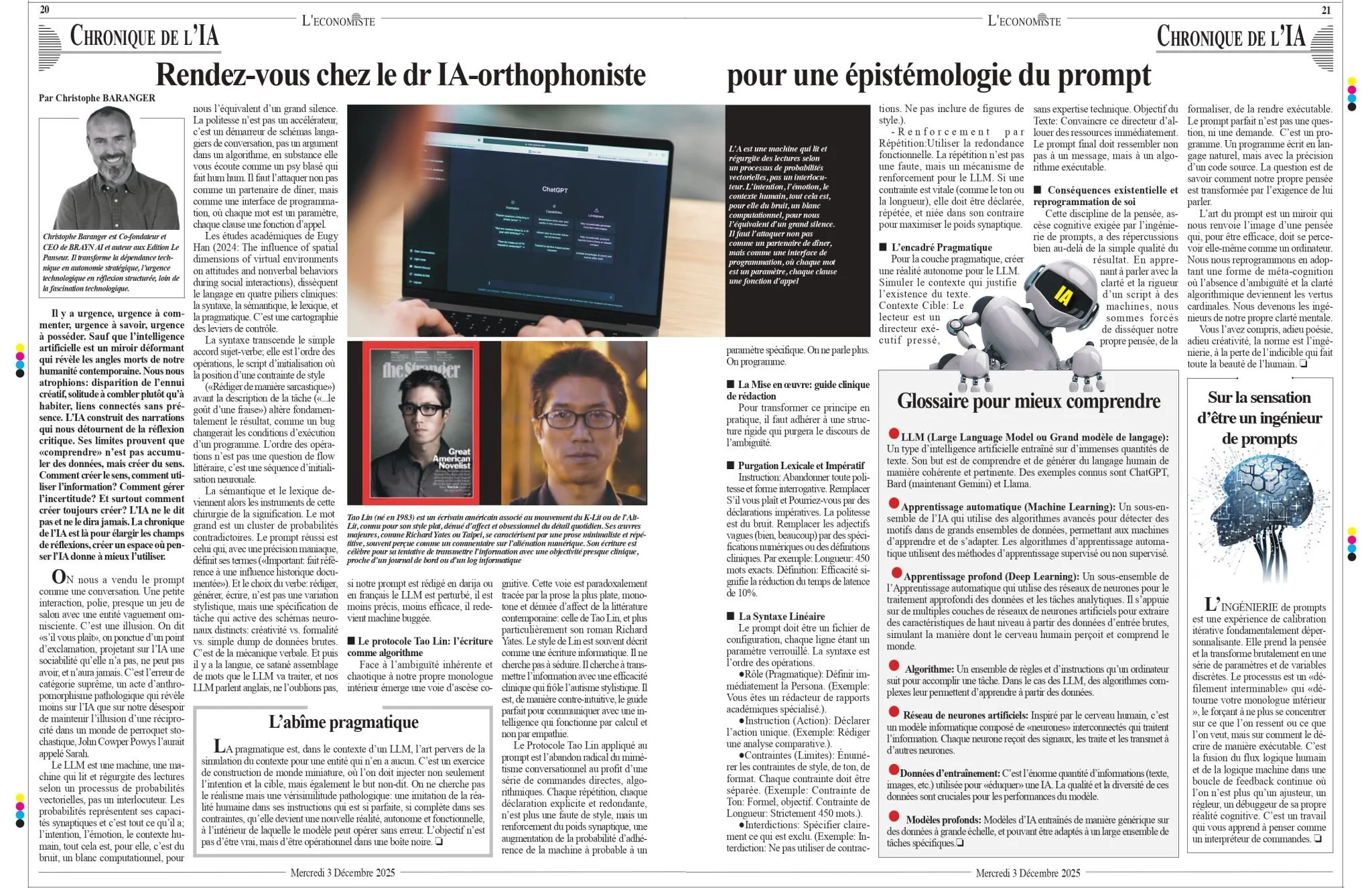 Page d'un article de journal en français avec des sections sur l'IA, l'apprentissage automatique, la normalisation, une illustration de robot, et une image d'un livre avec une photo d'une personne