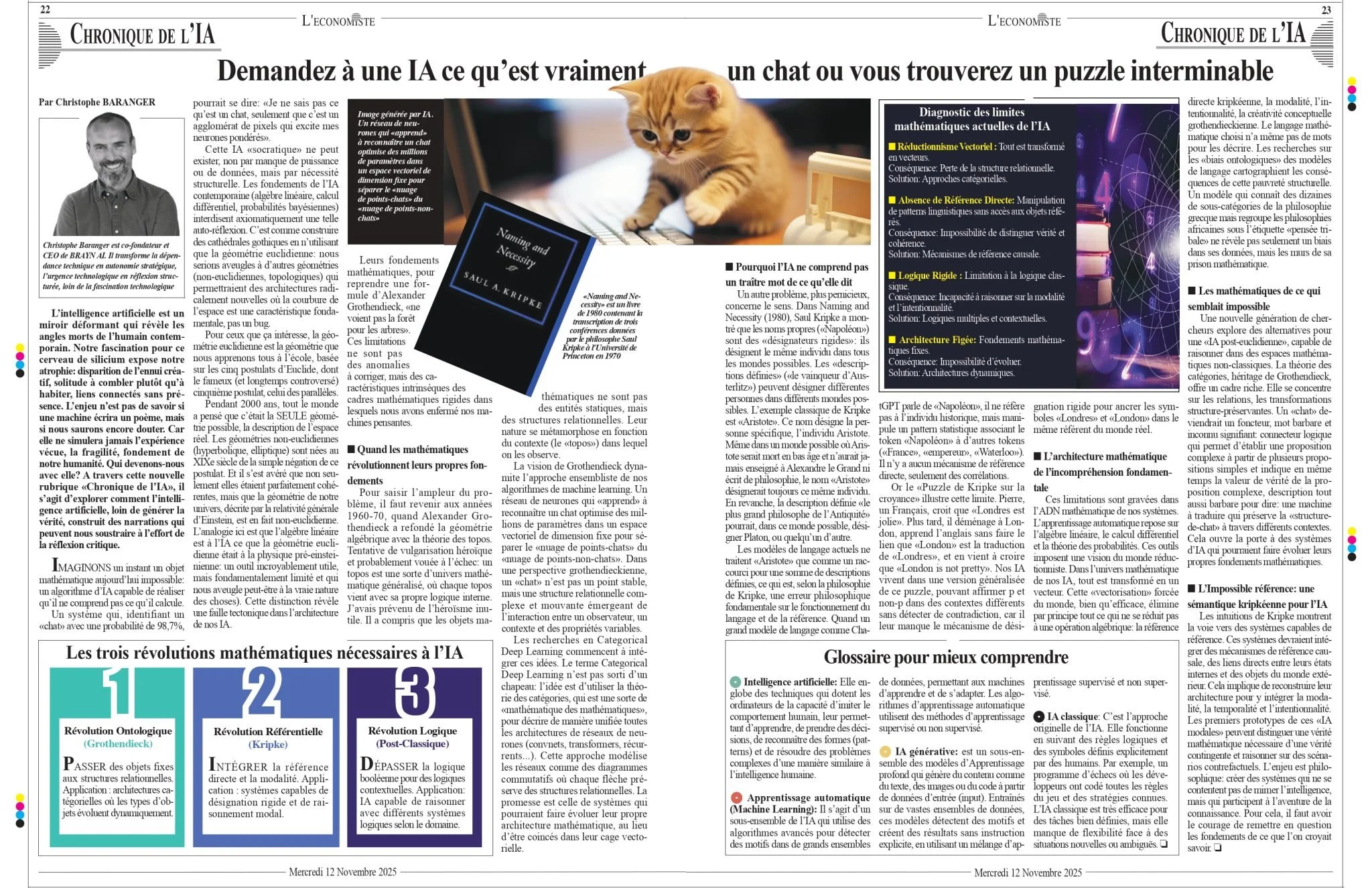 Page de journal avec un article principal sur l'intelligence artificielle, accompagné d'une image d'un chat jouant avec un ordinateur portable, et une autre photo d'un homme.