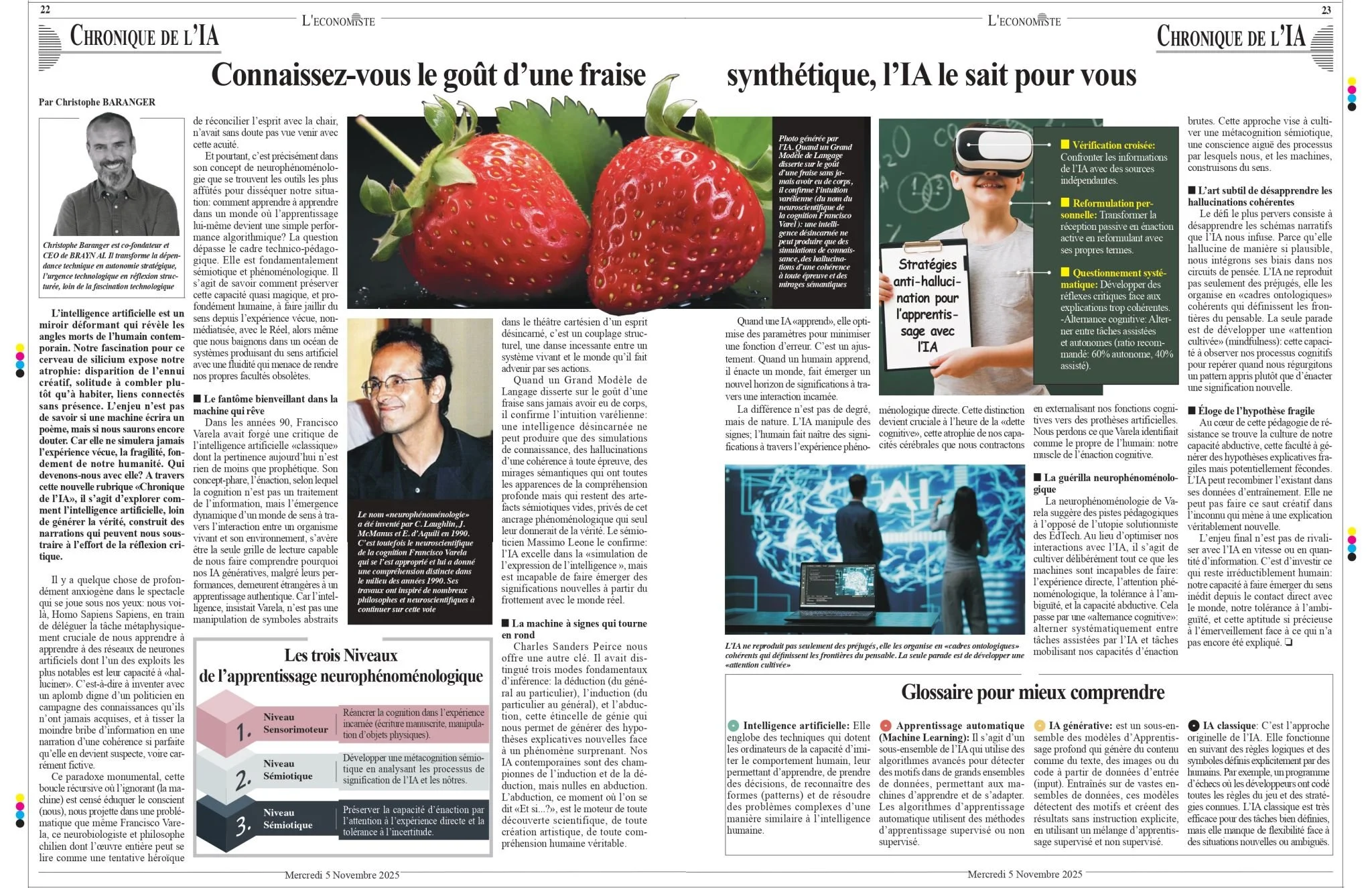 Article de journal avec deux images : des fraises rouges et vertes, un homme portant un casque de réalité virtuelle, et une affiche avec le mot 'AI' en néon bleu, accompagné de texte expliquant l'apprentissage automatique et la neurophénoménique.