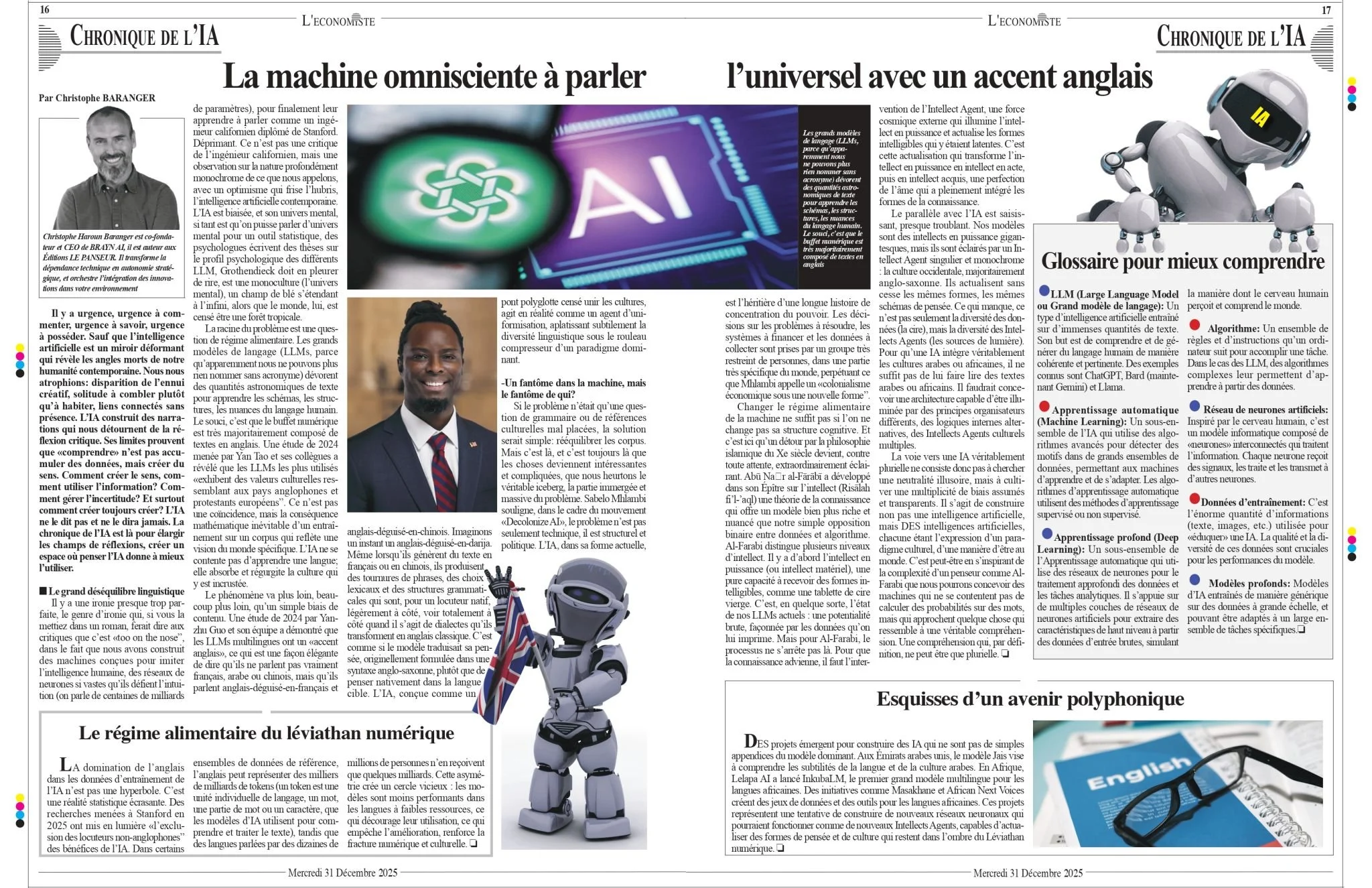 Une double page de journal avec des articles sur l'intelligence artificielle, un robot illustré, une capsule de réalité virtuelle, et une image de lunettes avec un guide d'apprentissage en anglais.