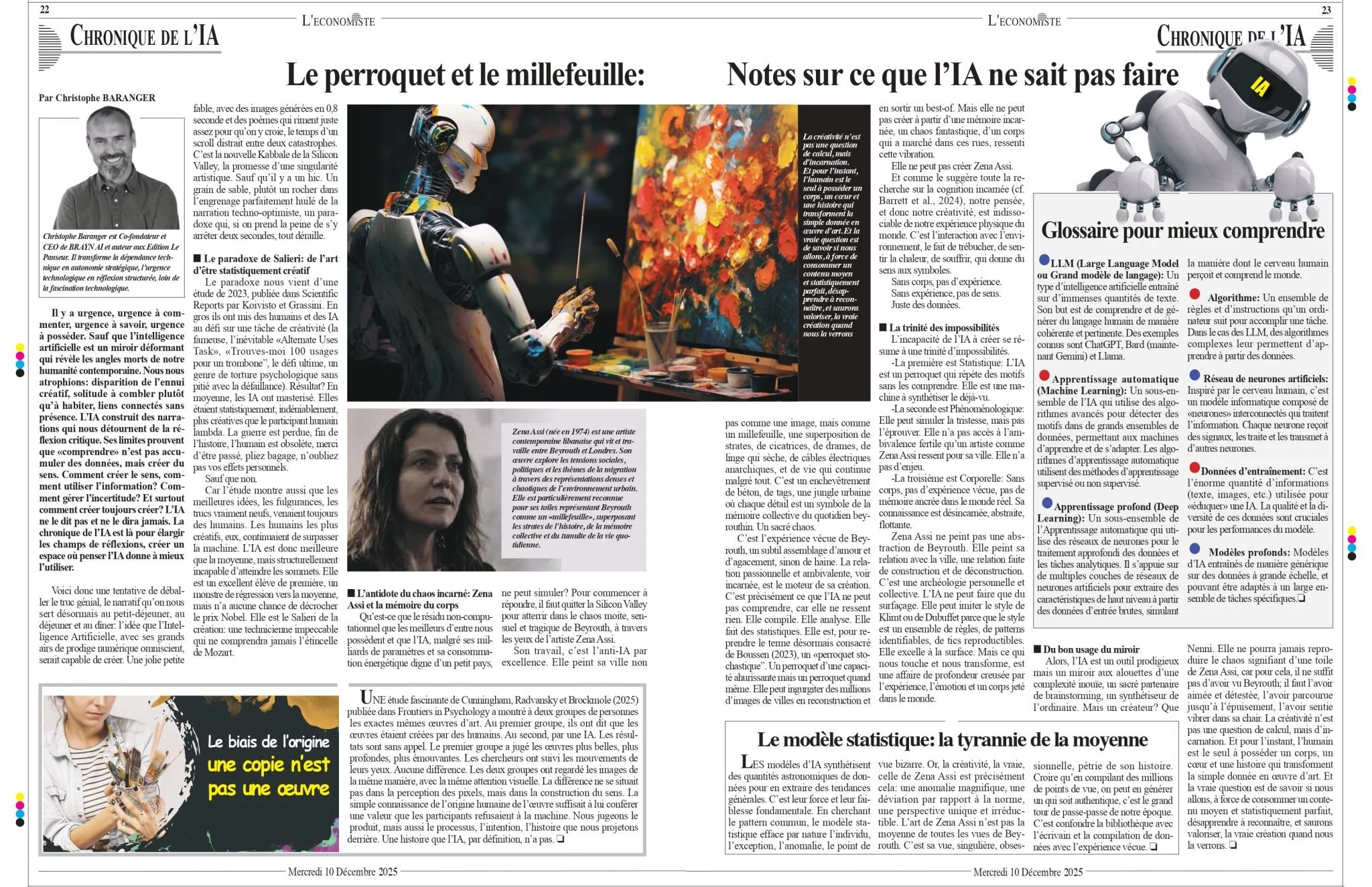 Une page de journal avec un article sur l'intelligence artificielle, accompagnée de deux images, l'une d'un robot humanoïde et l'autre d'une femme avec un masque peint.
