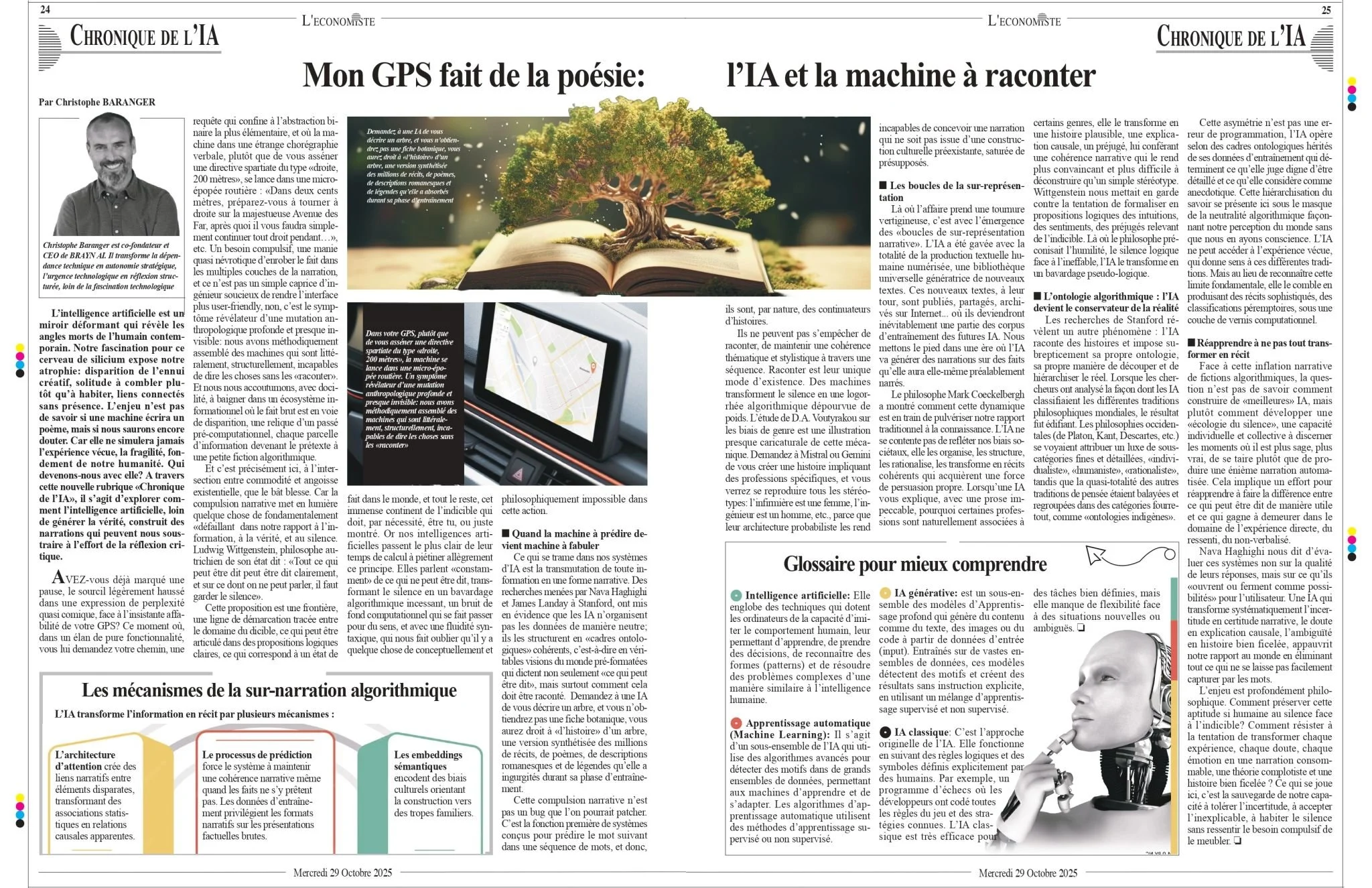 Page d'un journal avec un article sur l'intelligence artificielle, contenant une image d'un arbre poussé à partir d'un livre ouvert dans un paysage vert, et une photo d'une personne pensant, avec un discours sur les mécanismes de la narration algorithmique.