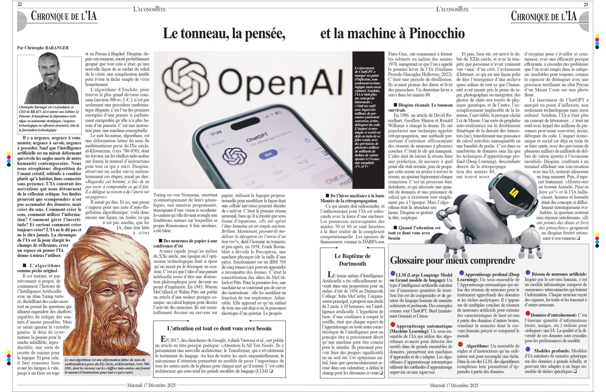 Deux pages d'un journal économique avec un article sur l'intelligence artificielle. Il y a une photo d'un homme avec une barbe et des lunettes, et une image d'un robot avec deux bras. Une partie de l'article parle du lancement de ChatGPT d'OpenAI.