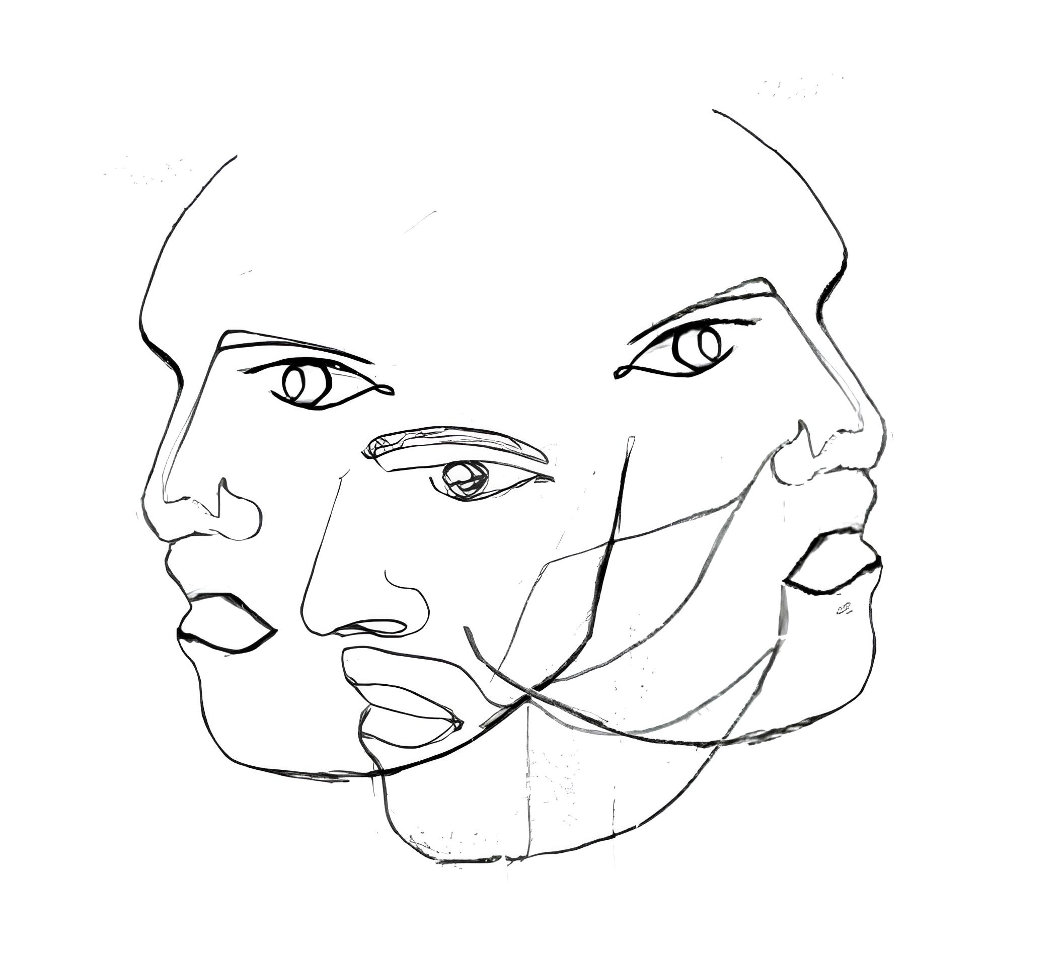 Dessin minimaliste de deux visages de femme en ligne continue connectés, en vue de profil, avec des détails simplifiés du visage, des yeux, du nez et des lèvres.