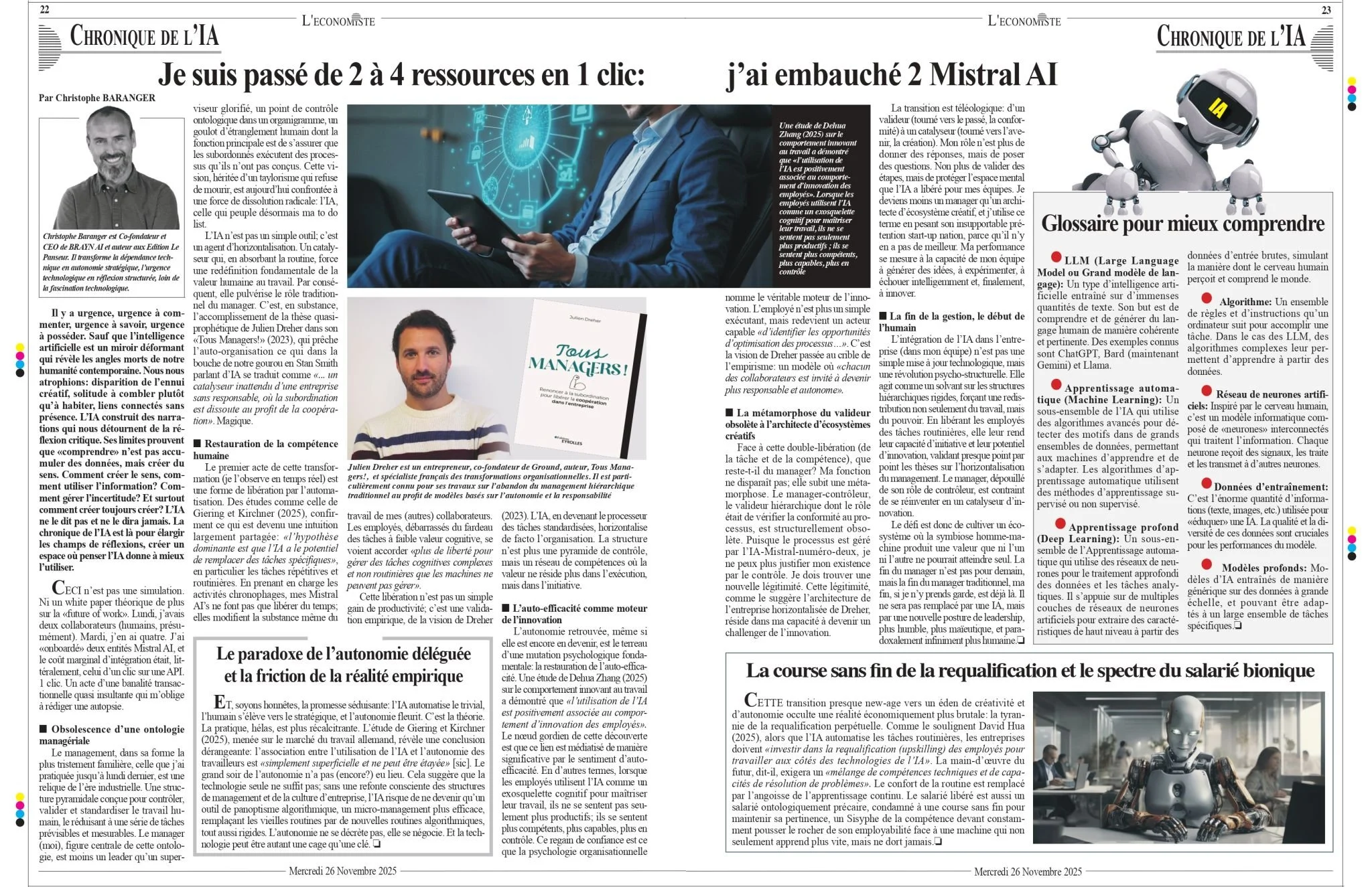 Une double page de journal avec des textes et des images, dont une photo d'un homme barbu en haut à gauche, une image d'une personne avec une tablette au centre, et une image d'un robot humanoïde en bas à droite.