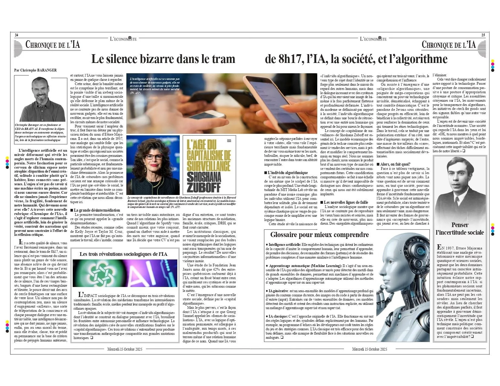 Page de journal avec articles sur l'intelligence artificielle, la société et l'algorithme, accompagnée de photographies de personnes et d'un robot.