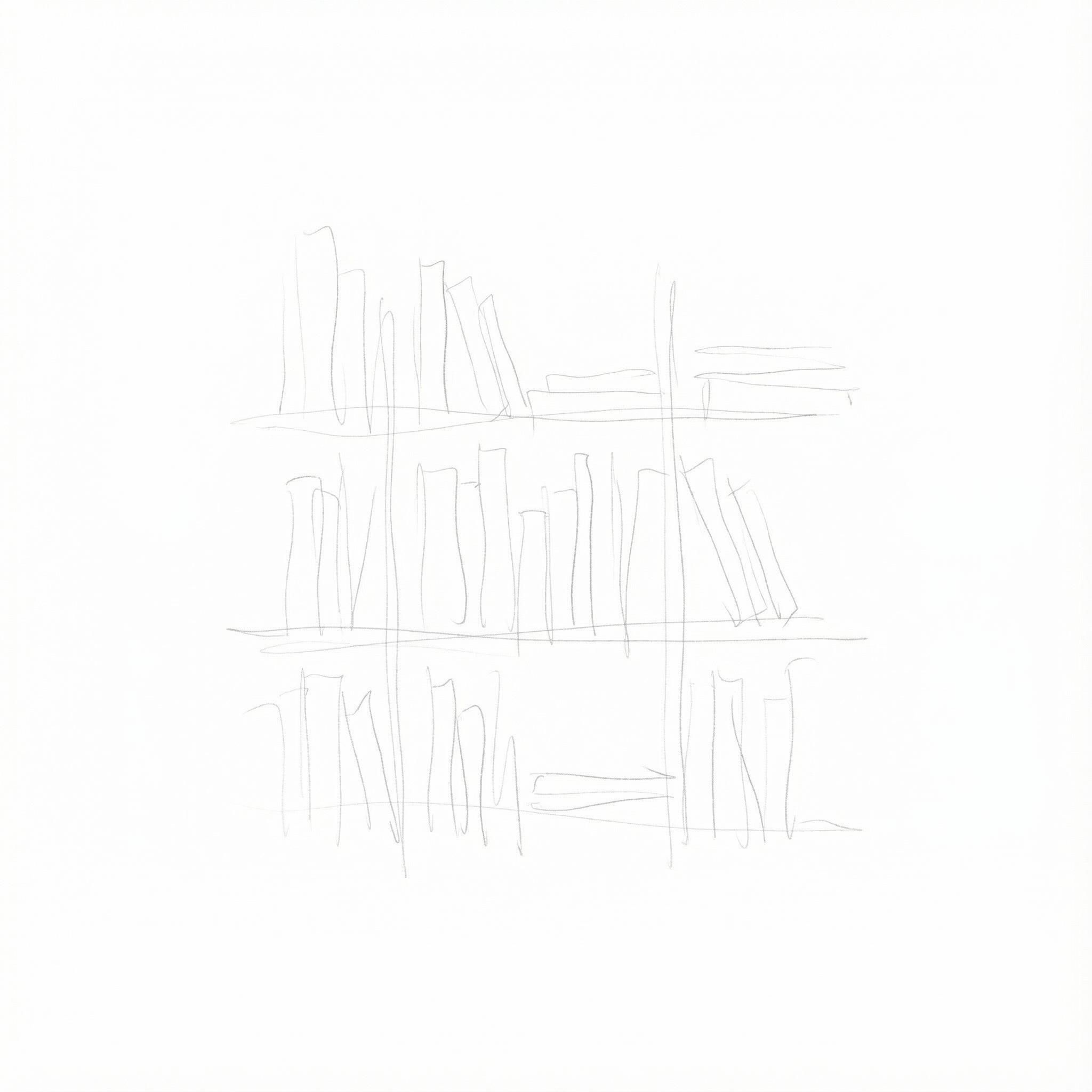 Croquis de livres empilés sur des étagères.