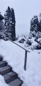 Schneebedeckte Treppe und Bäume mit einer Hütte im Hintergrund bei winterlichem Wetter.