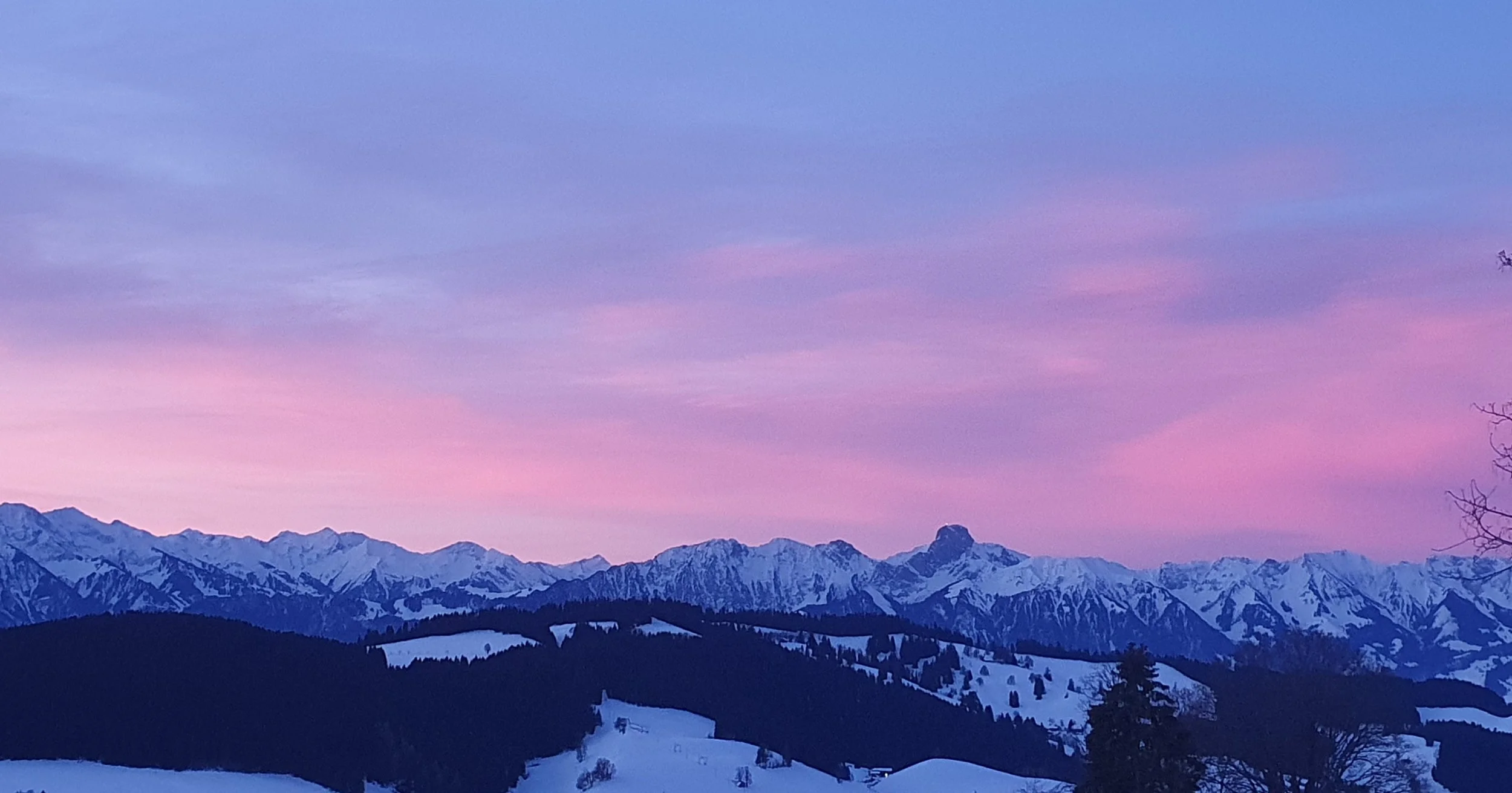 Berglandschaft mit schneebedeckten Gipfeln, dunklen Wäldern und einer pink-violetten Abendstimmung am Himmel.