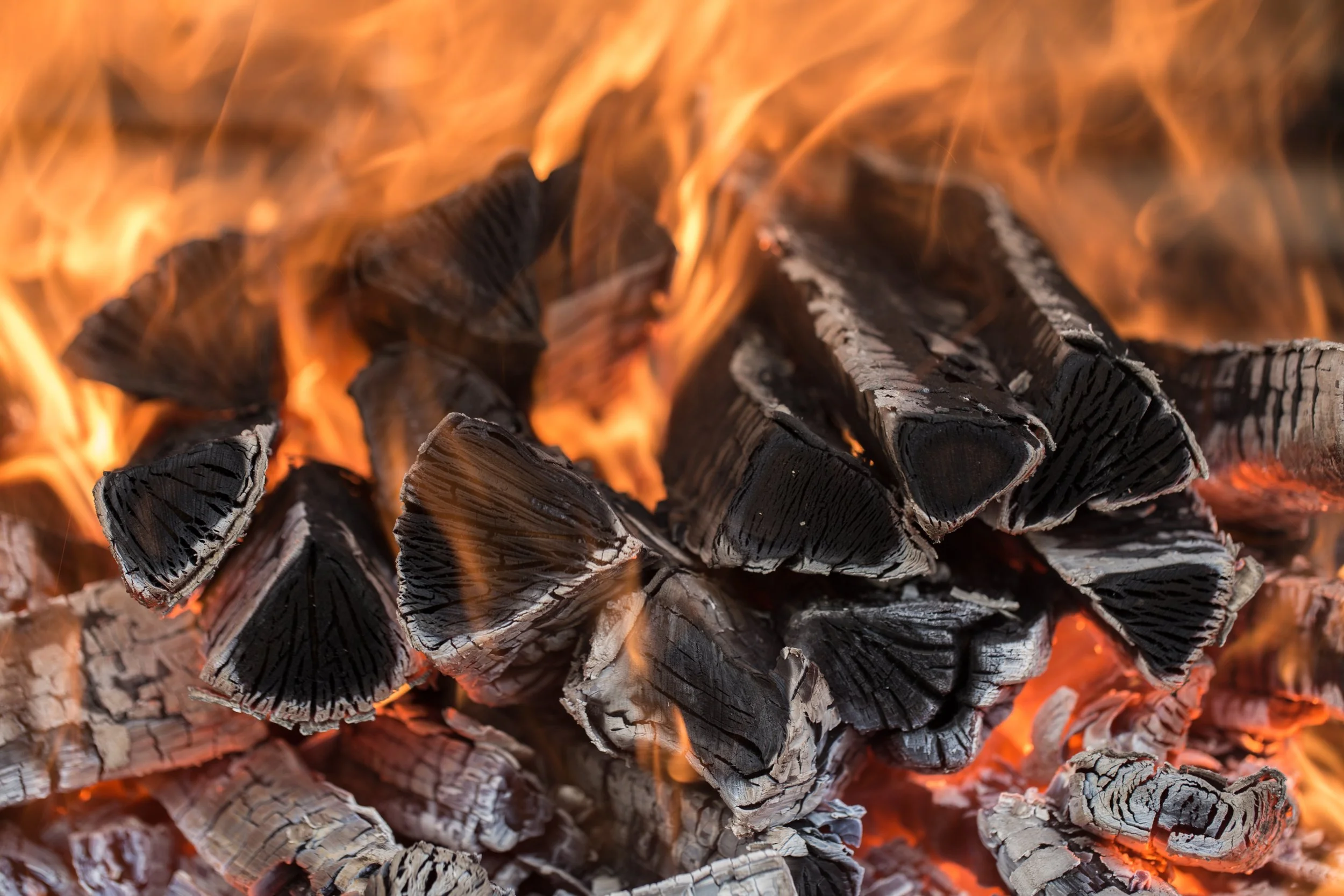 Burning wood logs with visible flames and gray ash in a fire