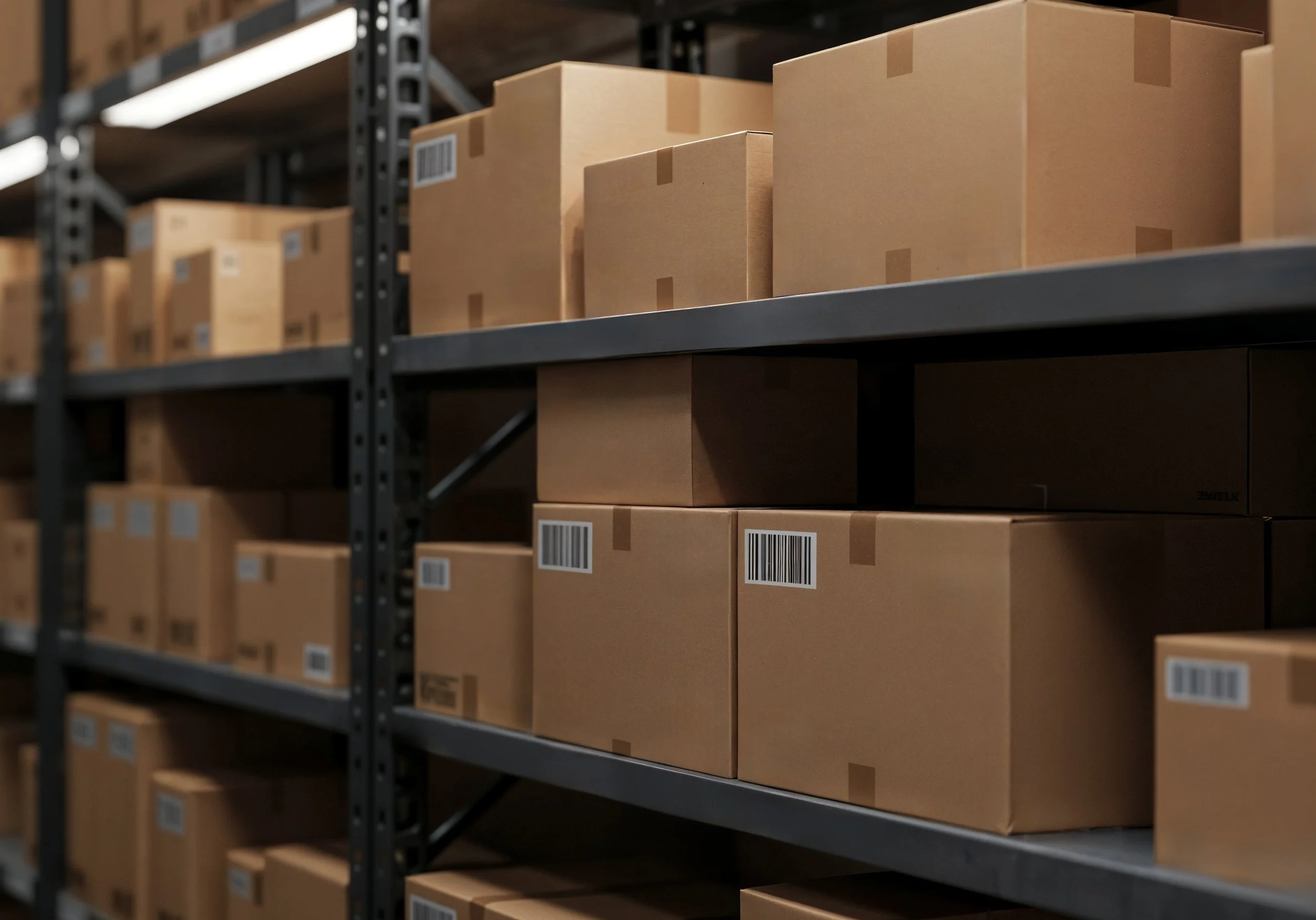 Stacked cardboard boxes on metal shelving in a warehouse.