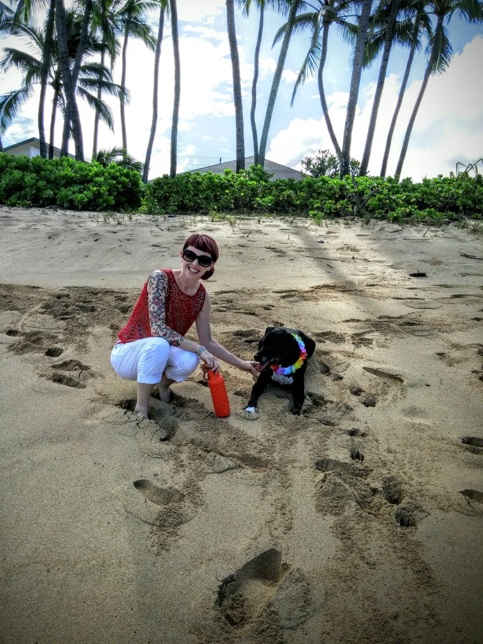 A woman with short red hair, wearing sunglasses, a red sleeveless top, and white pants, is crouching on a sandy beach next to a black dog with a colorful lei around its neck. The woman is holding a red water bottle and both are smiling. There's lush greenery behind them and tall palm trees against a partly cloudy sky.