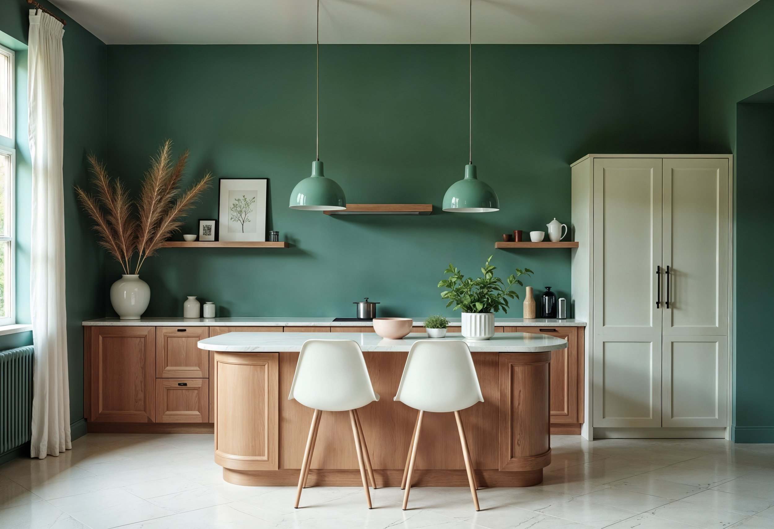A modern kitchen with a green accent wall, wooden cabinetry, a white marble countertop, two white chairs at the island, and teal pendant lights hanging from the ceiling.